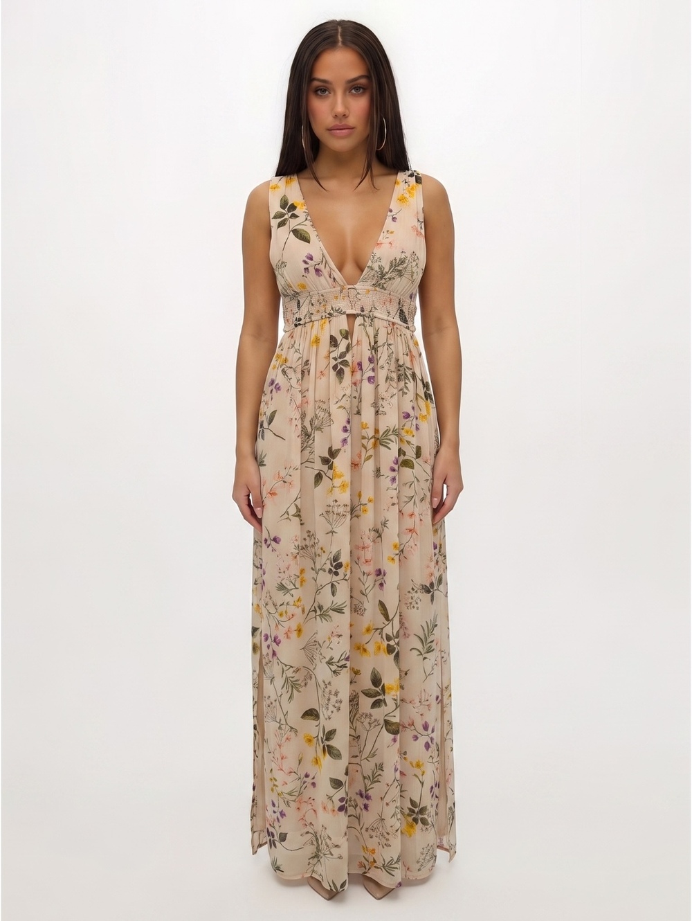 Olivaceous Wildflower Floral Maxi Dress Smocked Waist Sz M Boho Rayon Whimsical